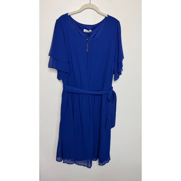 Pinup Fashion Size 24 Midi Cocktail Dress Blue Chiffon Keyhole Neck Flowy NWT - Picture 2 of 14